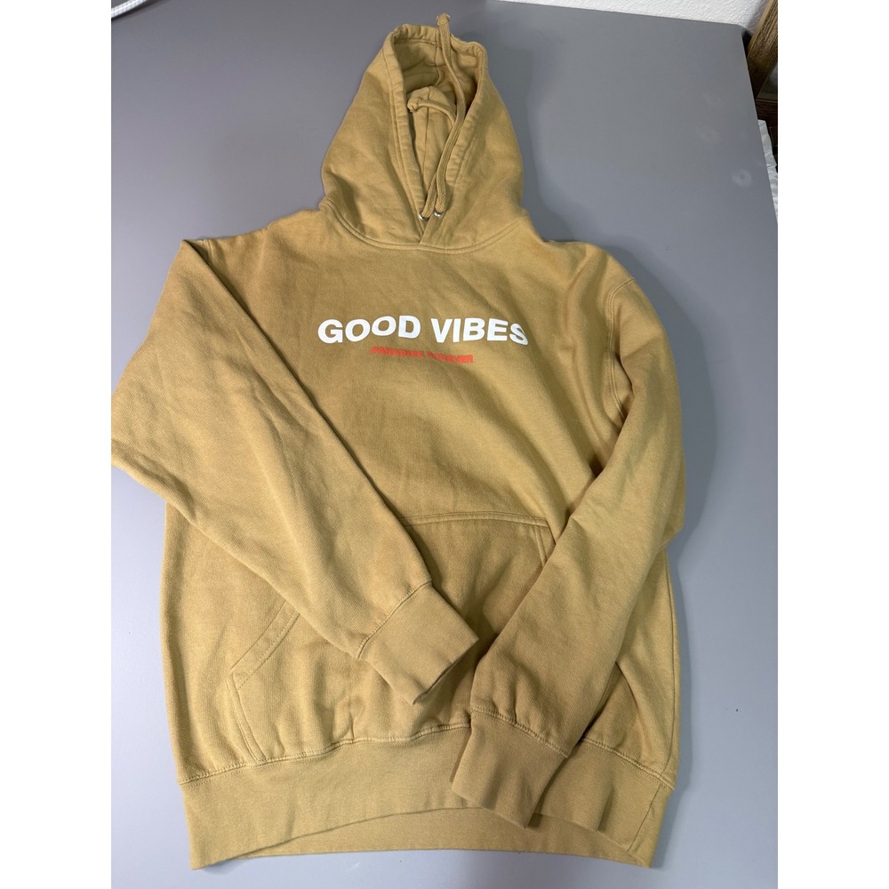 Samegang Good Vibes Paradise Forever Hoodie Mustard Yellow Graphic Sweatshirt M